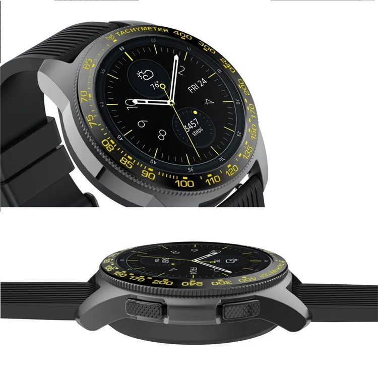 Stainless Steel Anti-Scratch Metal Bezel Ring Protector Accessories for Samsung Galaxy Watch 42mm - Black Ring Yellow Text