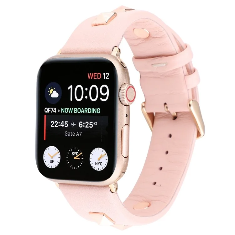 Genuine Leather Watch Strap Smart Watch Band with Rose Gold Fastener for Apple Watch Series 10 42mm / 9 8 7 41mm / SE (2023) SE (2022) SE 6 5 4 40mm / 3 2 1 38mm -  Pink