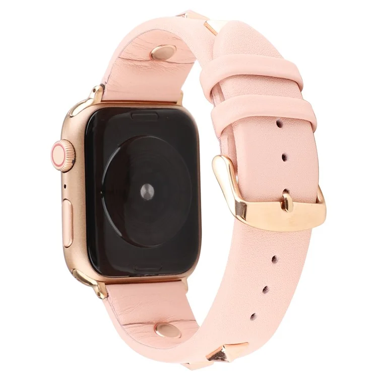 Genuine Leather Watch Strap Smart Watch Band with Rose Gold Fastener for Apple Watch Series 10 42mm / 9 8 7 41mm / SE (2023) SE (2022) SE 6 5 4 40mm / 3 2 1 38mm -  Pink