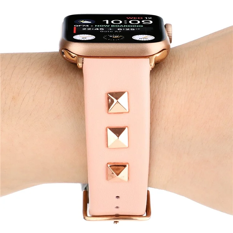 Genuine Leather Watch Strap Smart Watch Band with Rose Gold Fastener for Apple Watch Series 10 42mm / 9 8 7 41mm / SE (2023) SE (2022) SE 6 5 4 40mm / 3 2 1 38mm -  Pink