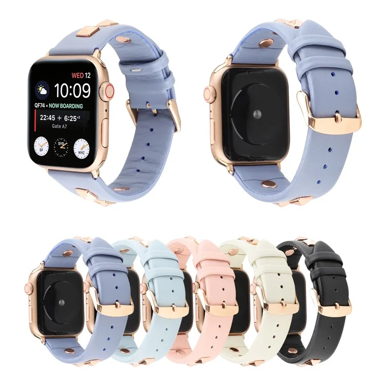 Genuine Leather Watch Strap Smart Watch Band with Rose Gold Fastener for Apple Watch Series 10 42mm / 9 8 7 41mm / SE (2023) SE (2022) SE 6 5 4 40mm / 3 2 1 38mm -  Pink