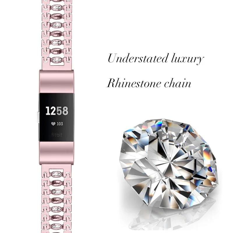 Candy Shape with Rhinestone Decor Stainless Steel Smart Watchband for Fitbit Charge 2 - Pink