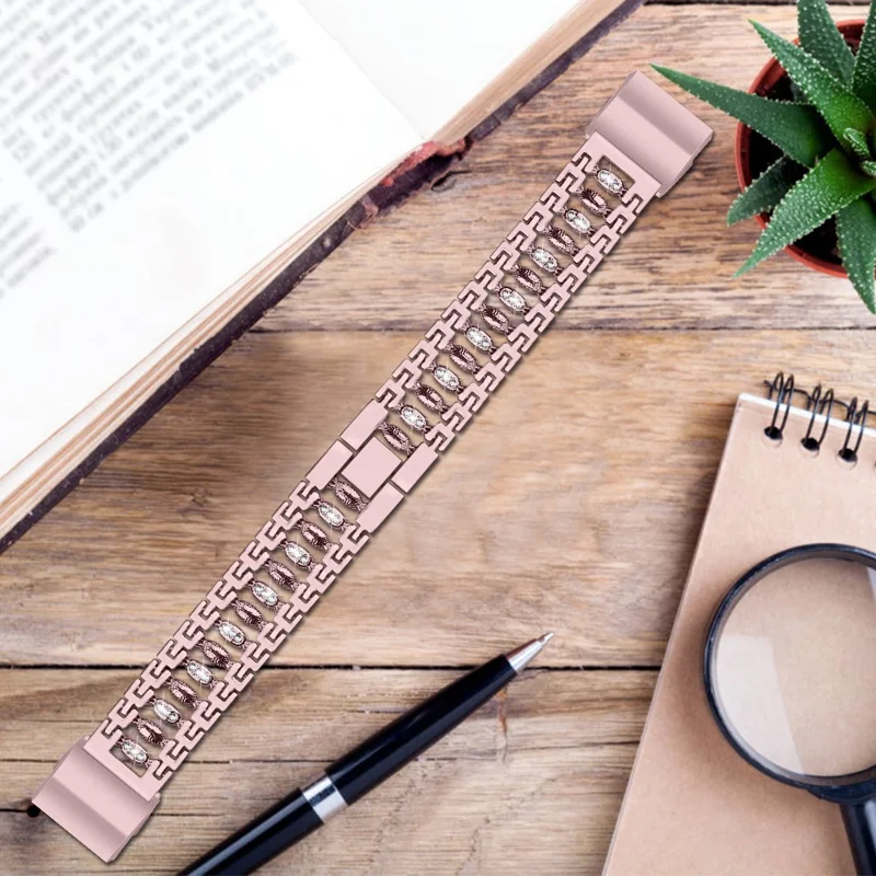 Candy Shape with Rhinestone Decor Stainless Steel Smart Watchband for Fitbit Charge 2 - Pink