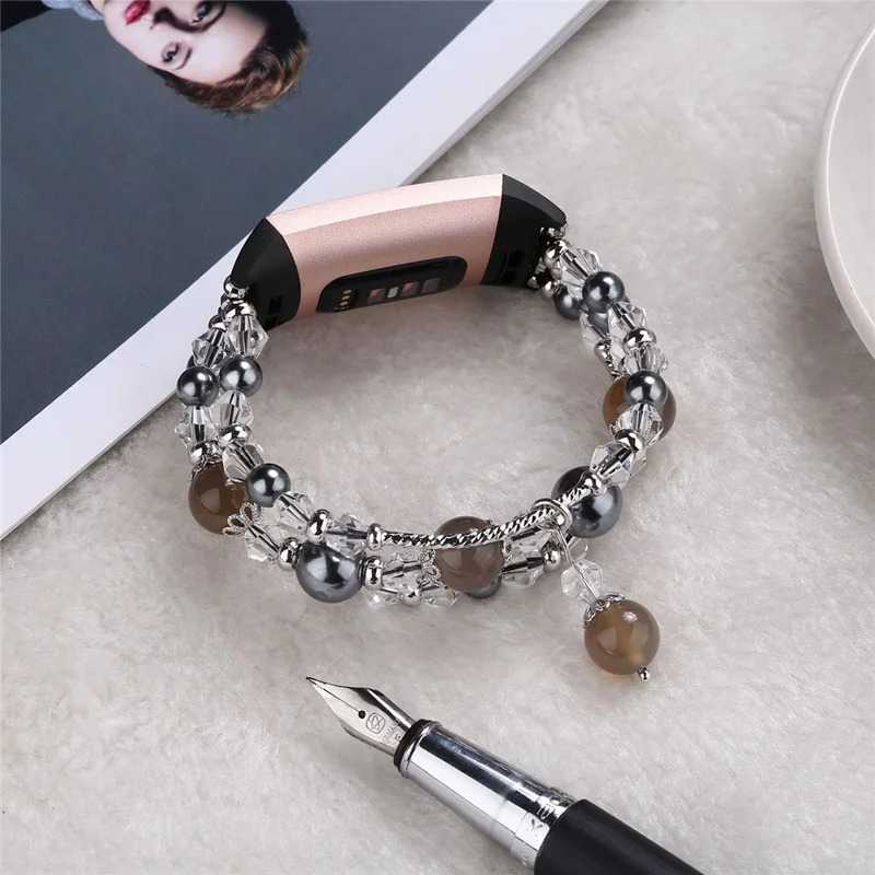Natürlicher Schmuck Achat Frauen Dame Smart Watch Band Für Fitbit Ladung 4 / 3 - Schwarz