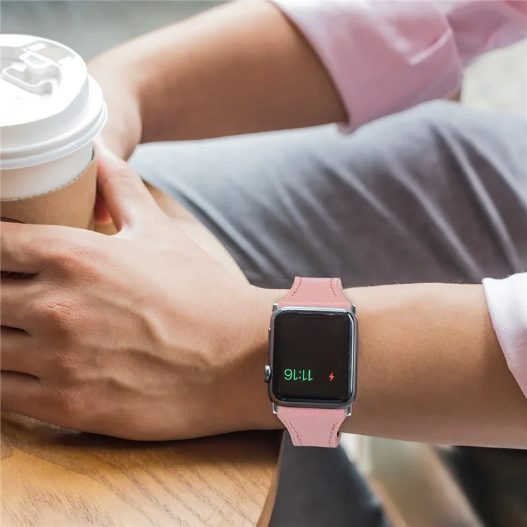 Echtes Leder-Smartwatch-Armband für Apple Watch Series 6 / SE / SE (2022) / 5 / 4 40mm / Series 3 / 2 / 1 Watch 38mm - Pink