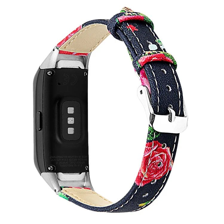 Top Layer Cowhide Leather Watchband Replacement for Samsung Galaxy Fit SM-R370 - Black/Red Flower