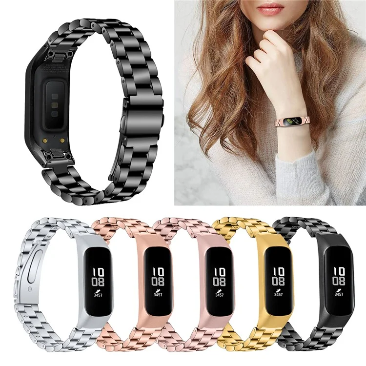 Banda de reloj de acero inoxidable con tres cuentas y marco para Samsung Galaxy Fit-e/SM-R375 - Negro