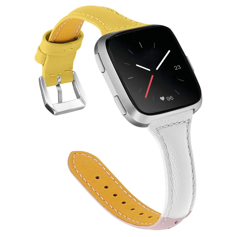 Genuine Leather Smart Watch Band for Fitbit Versa - Yellow/White/Pink