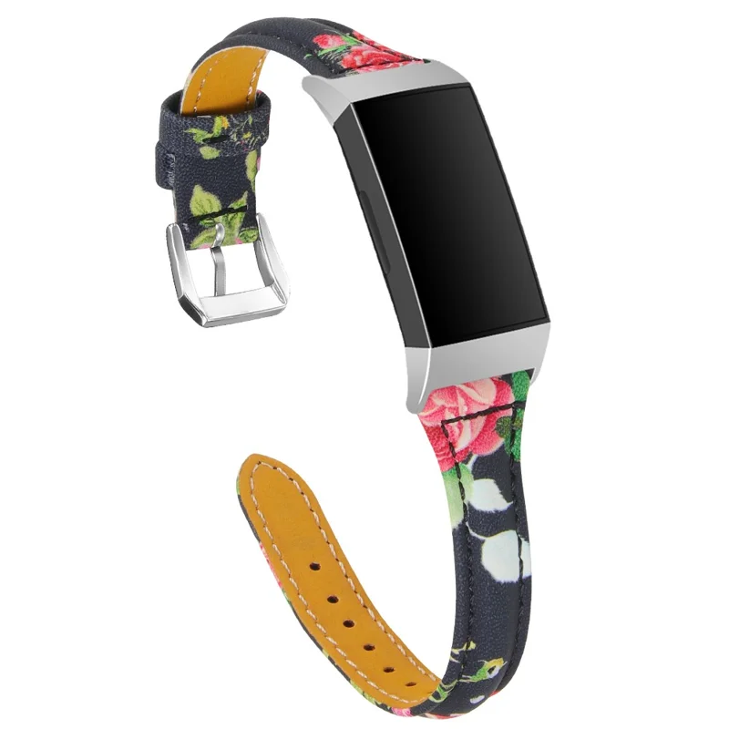 Flower Pattern Genuine Leather Smart Watch Strap Replacement for Fitbit Charge 4 / 3 - Style A