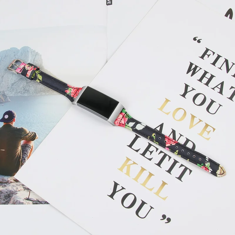 Flower Pattern Genuine Leather Smart Watch Strap Replacement for Fitbit Charge 4 / 3 - Style A