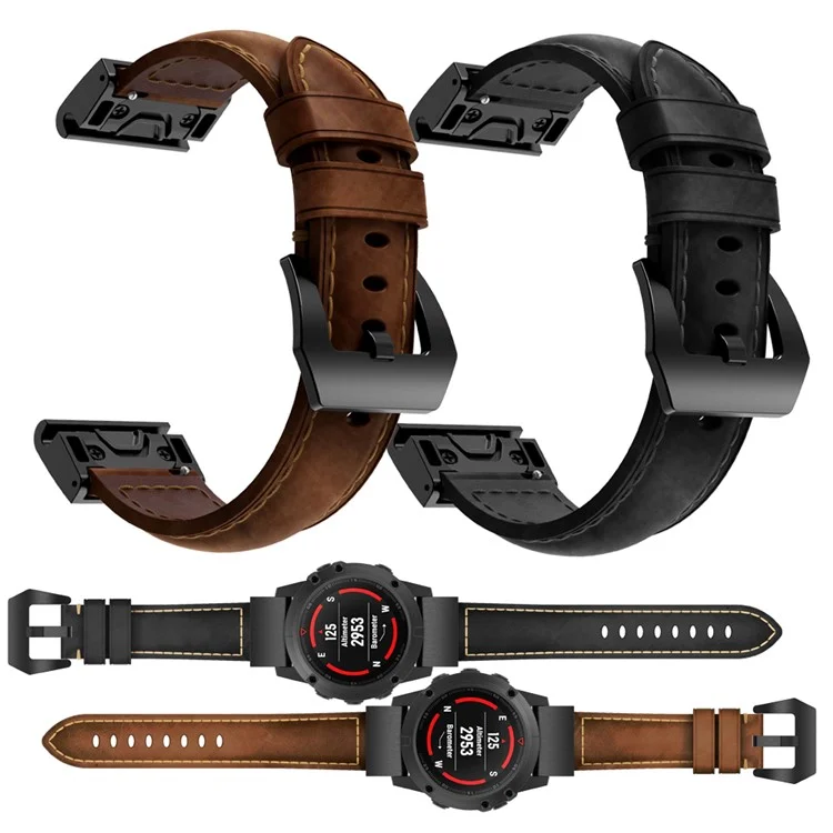 For Garmin Fenix 5 Genuine Leather Watch Band Crazy Horse Texture Replacement Strap - Black