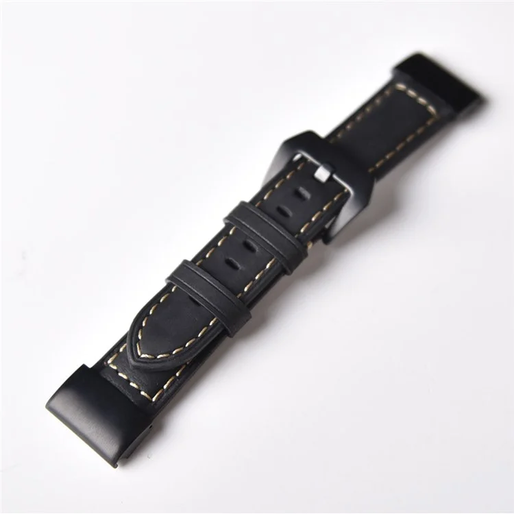 For Garmin Fenix 5 Genuine Leather Watch Band Crazy Horse Texture Replacement Strap - Black