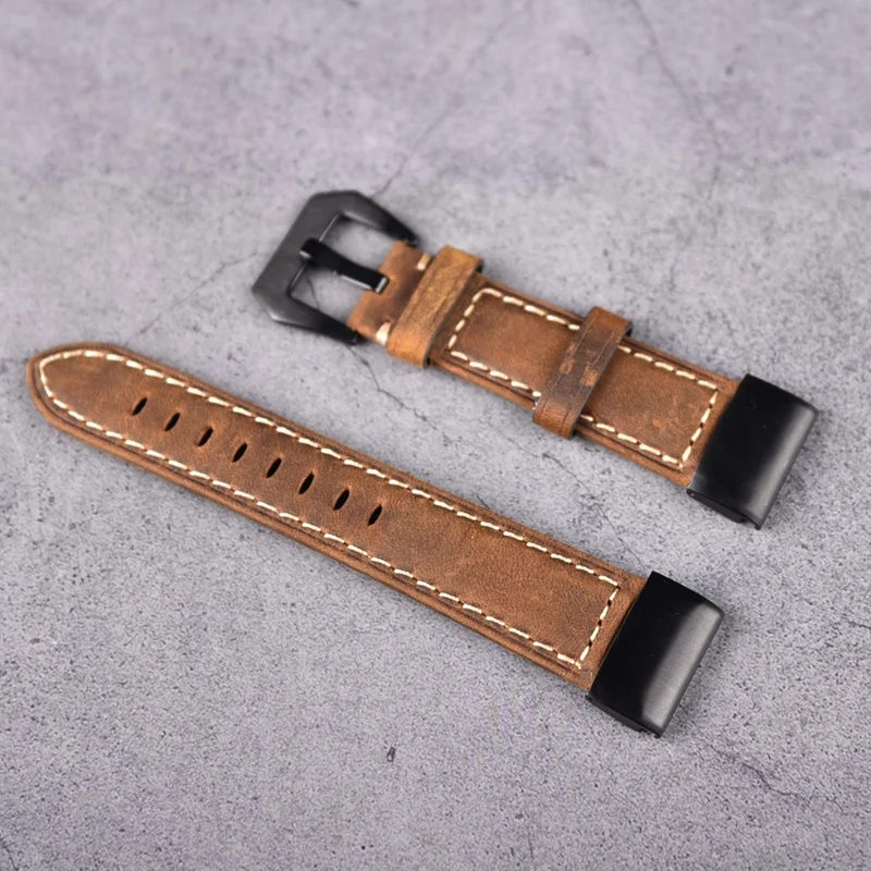 For Garmin Fenix 5 Genuine Cow Leather Watch Band Crazy Horse Texture Replacement Strap - Dark Brown