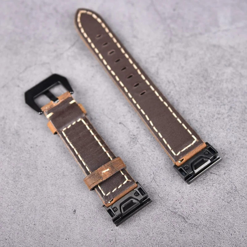 For Garmin Fenix 5 Genuine Cow Leather Watch Band Crazy Horse Texture Replacement Strap - Dark Brown