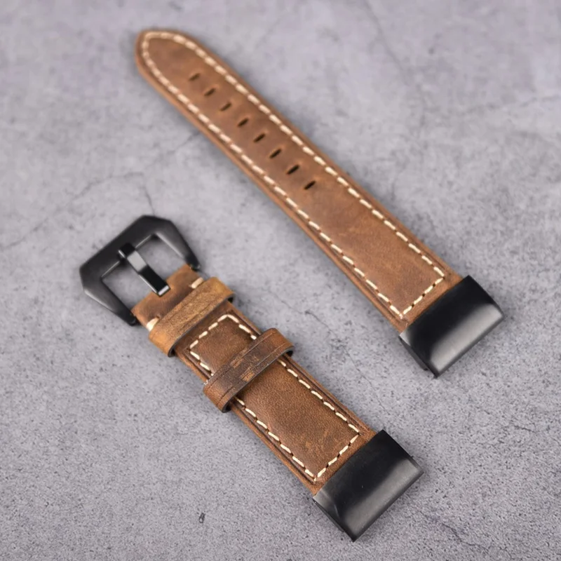 For Garmin Fenix 5 Genuine Cow Leather Watch Band Crazy Horse Texture Replacement Strap - Dark Brown
