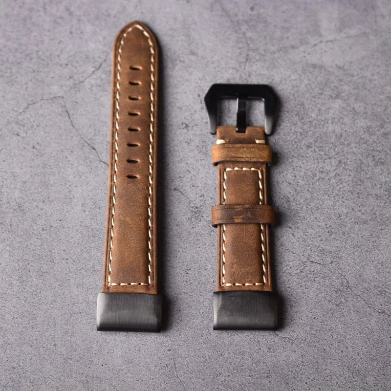For Garmin Fenix 5 Genuine Cow Leather Watch Band Crazy Horse Texture Replacement Strap - Dark Brown