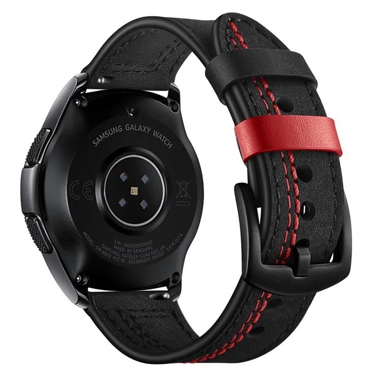 22mm 7-förmige Stiche Echtes Leder Uhrenarmband Für Huawei Uhr GT / Samsung Galaxy Watch 46mm - Schwarz