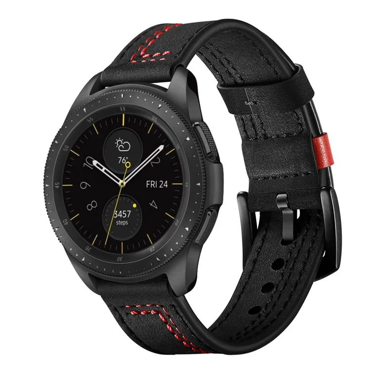 22mm 7-förmige Stiche Echtes Leder Uhrenarmband Für Huawei Uhr GT / Samsung Galaxy Watch 46mm - Schwarz