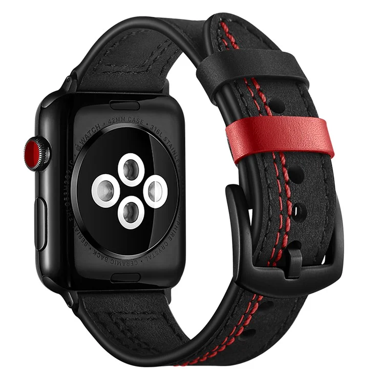 Pulseira de Couro Genuíno com Costuras em Formato de 7 para Apple Watch Series 10 46mm / Ultra 2 Ultra 49mm / 9 8 7 45mm / SE (2023) SE (2022) SE 6 5 4 44mm / 3 2 1 42mm - Preto