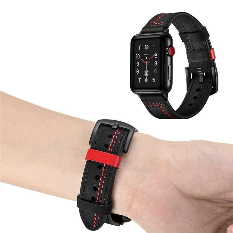 Pulseira de Couro Genuíno com Costuras em Formato de 7 para Apple Watch Series 10 46mm / Ultra 2 Ultra 49mm / 9 8 7 45mm / SE (2023) SE (2022) SE 6 5 4 44mm / 3 2 1 42mm - Preto