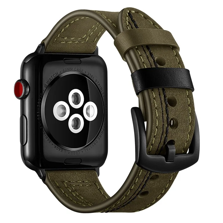 Genuine Leather Watch Band Strap for Apple Watch Series 10 42mm / 9 8 7 41mm / SE (2023) SE (2022) SE 6 5 4 40mm / 3 2 1 38mm - Army Green