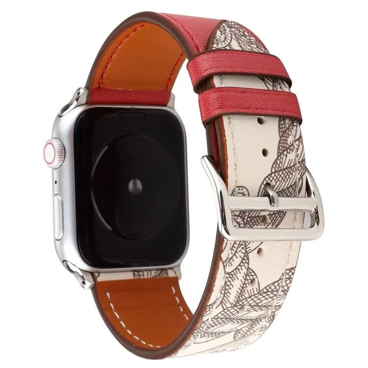 Pattern Decor Echtleder Smart Watch Band für Apple Watch Series 10 42mm / 9 8 7 41mm / SE (2023) SE (2022) SE 6 5 4 40mm / 3 2 1 38mm - Rot