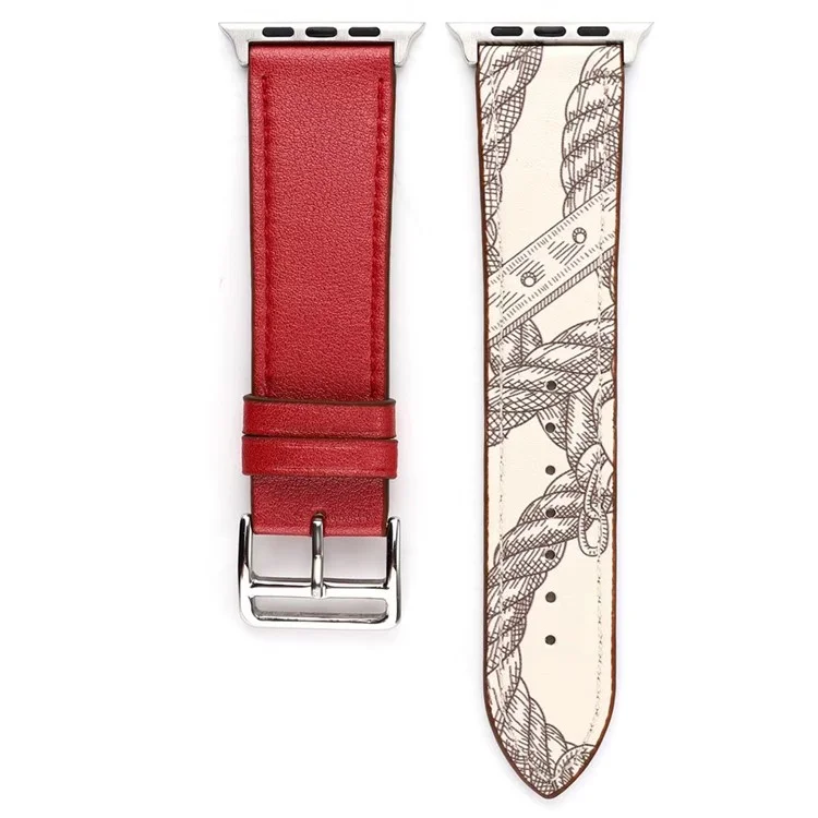 Pattern Decor Echtleder Smart Watch Band für Apple Watch Series 10 42mm / 9 8 7 41mm / SE (2023) SE (2022) SE 6 5 4 40mm / 3 2 1 38mm - Rot