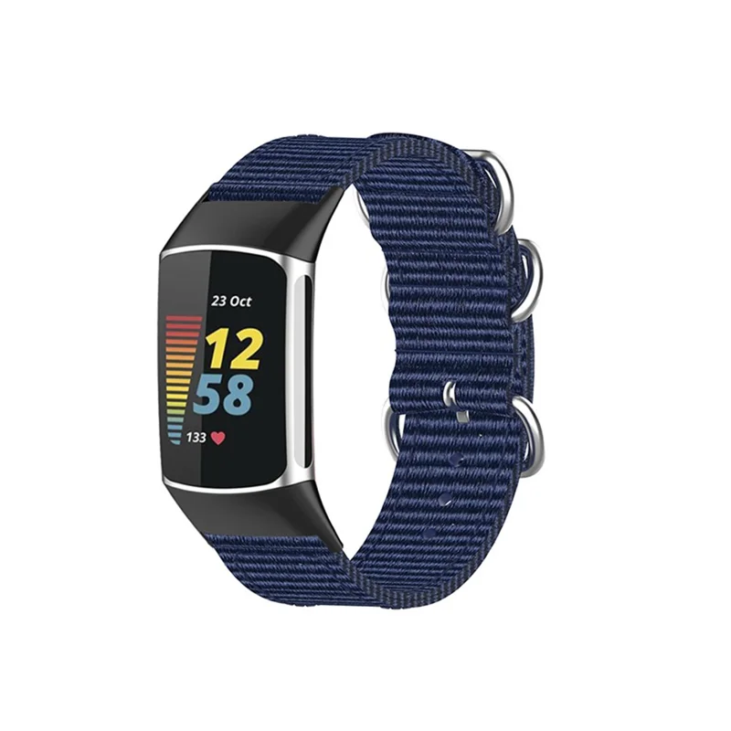 Braided Nylon Watch Strap Black Metal Buckle Adjustable Wristband Replacement for Fitbit Charge 6 / 5 - Dark Blue