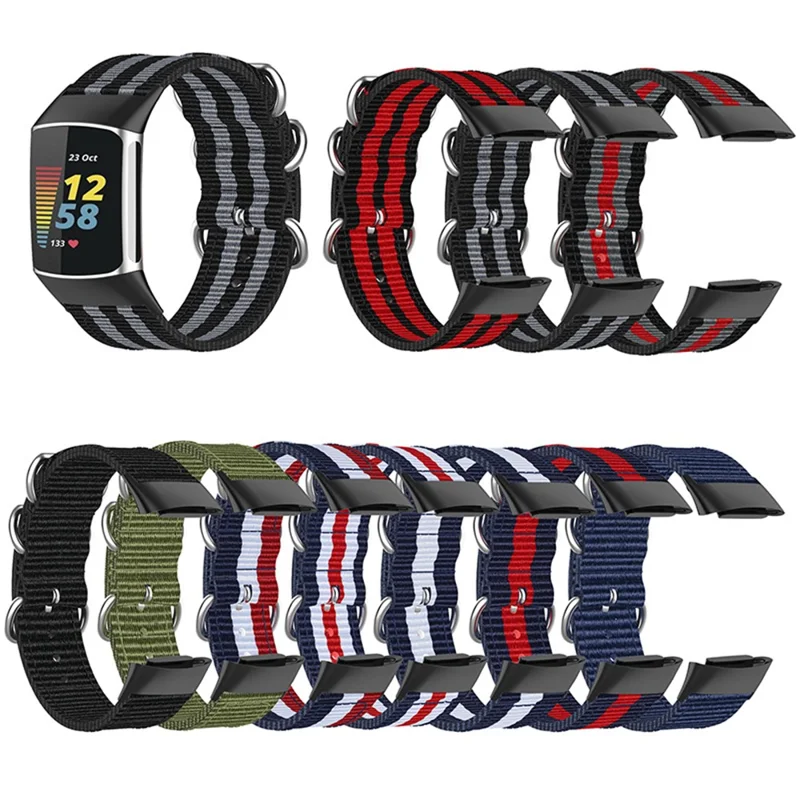 Braided Nylon Watch Strap Black Metal Buckle Adjustable Wristband Replacement for Fitbit Charge 6 / 5 - Dark Blue