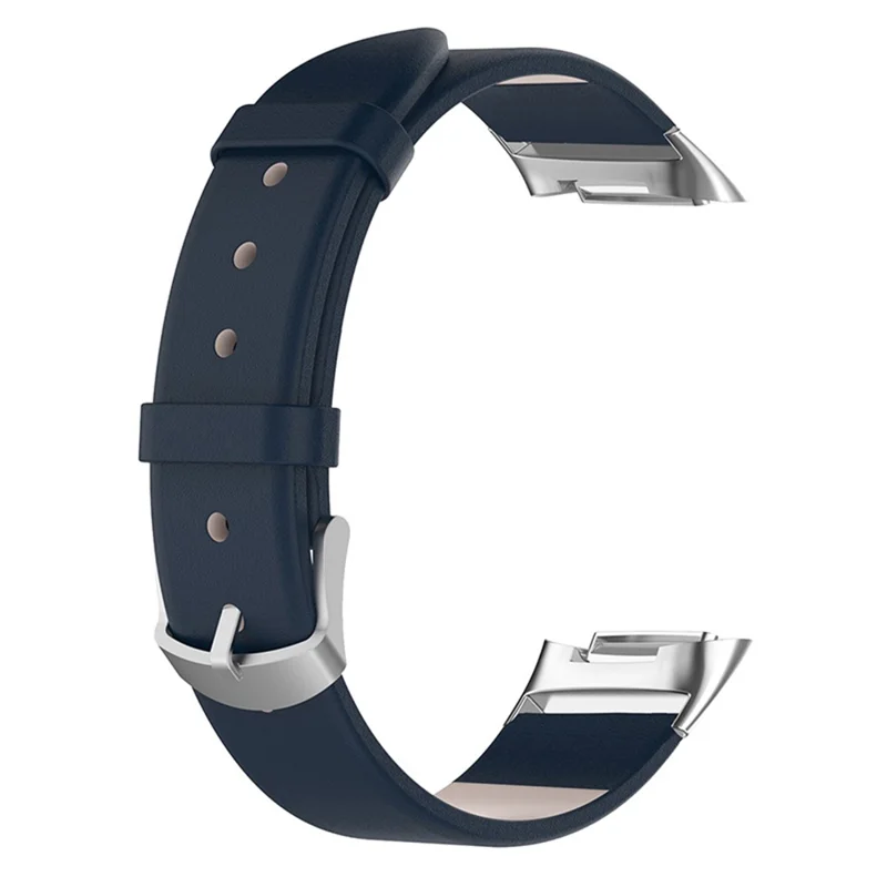 Metal Buckle Genuine Leather Smart Watch Strap Adjustable Wrist Band for Fitbit Charge 6 / 5 - Dark Blue