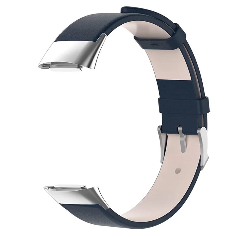 Metal Buckle Genuine Leather Smart Watch Strap Adjustable Wrist Band for Fitbit Charge 6 / 5 - Dark Blue