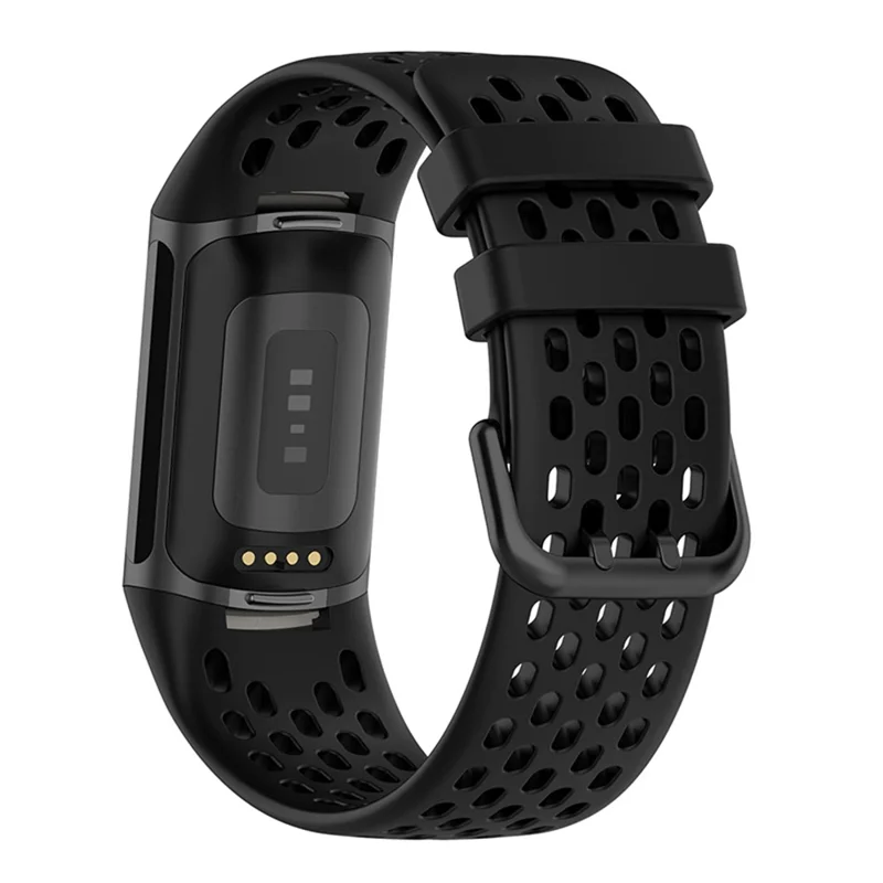 Bracelet de montre de sport de rechange en silicone souple avec trous respirants pour Fitbit Charge 6 / 5 - Noir