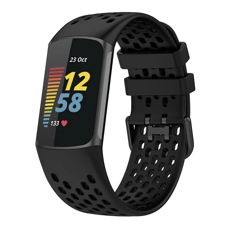 Bracelet de montre de sport de rechange en silicone souple avec trous respirants pour Fitbit Charge 6 / 5 - Noir