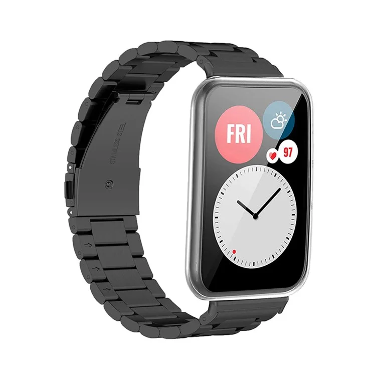 Bracelet de montre en acier inoxydable pour Huawei Watch Fit 2, boucle pliante à trois perles, bracelet de rechange pour poignet - noir