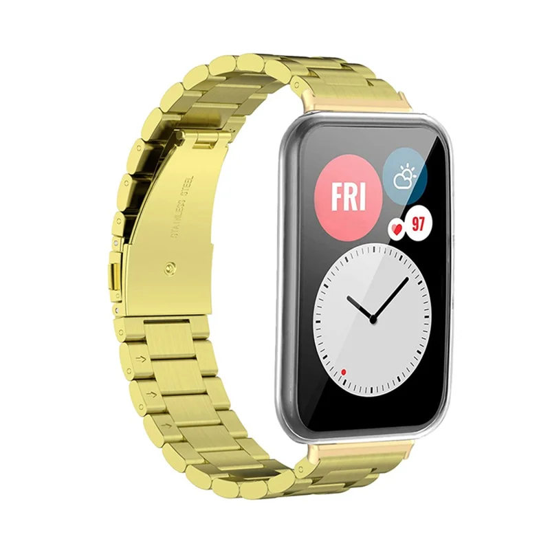 Stainless Steel Watch Strap for Huawei Watch Fit 2, Folding Buckle Three Beads Replacement Wrist Band - Gold