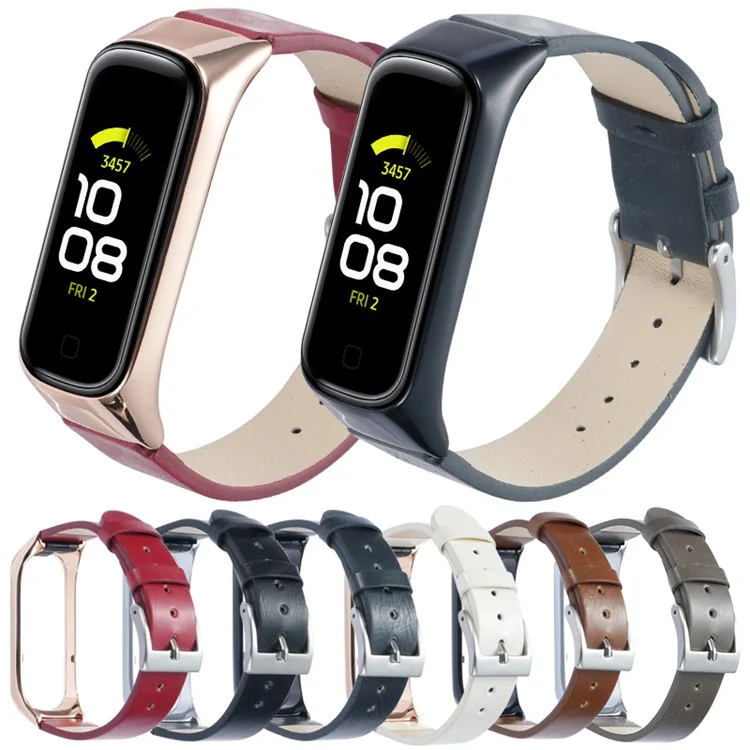 Pour Samsung Galaxy Watch Fit 2 SM-R220 Bracelet de montre avec étui Véritable cuir de vache Sangle de protection Couvercle - Or rose+Rouge