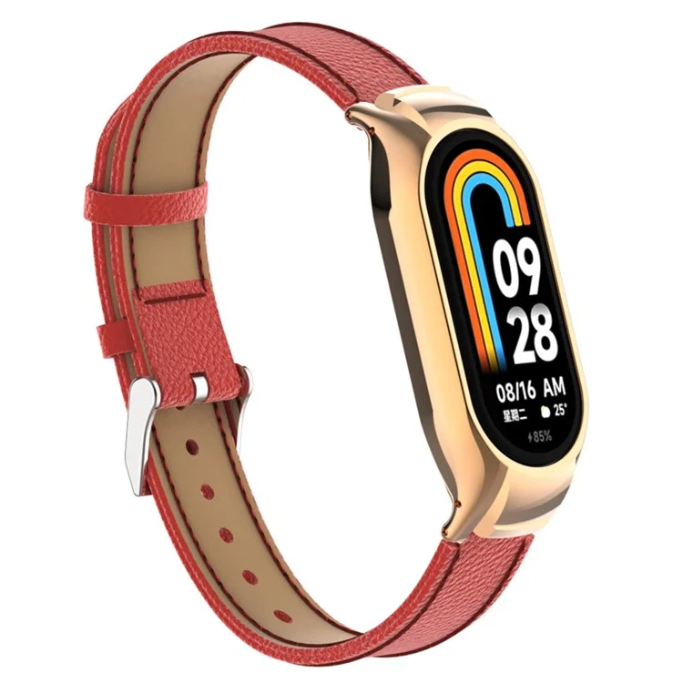 Pour Xiaomi Smart Band 8 Watch Band Genuine Cow Leather Sports Strap with Metal Frame Case - Rouge