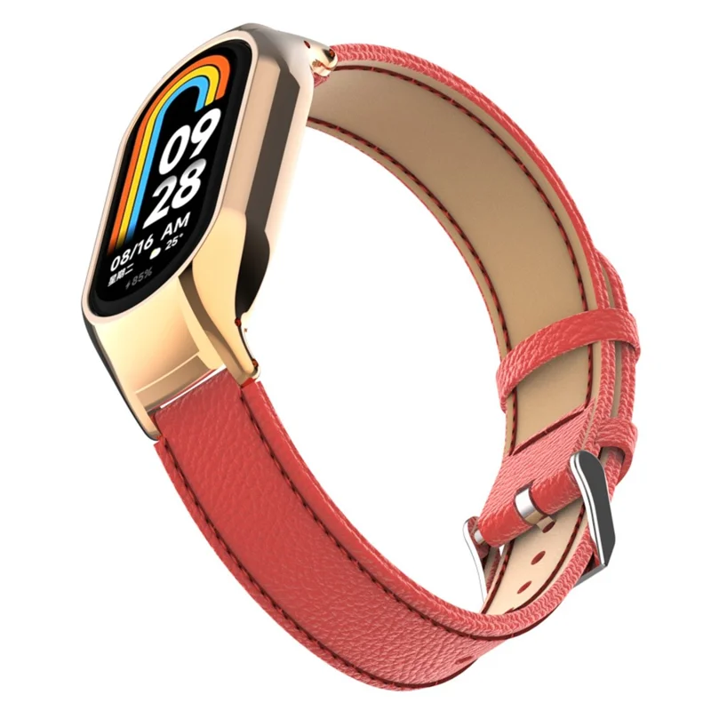 Pour Xiaomi Smart Band 8 Watch Band Genuine Cow Leather Sports Strap with Metal Frame Case - Rouge