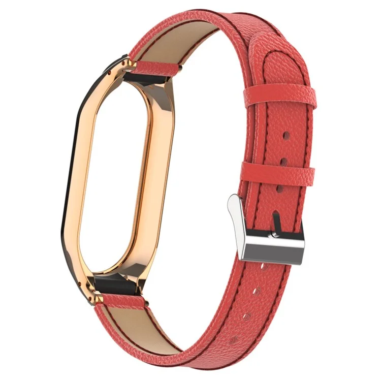 Pour Xiaomi Smart Band 8 Watch Band Genuine Cow Leather Sports Strap with Metal Frame Case - Rouge