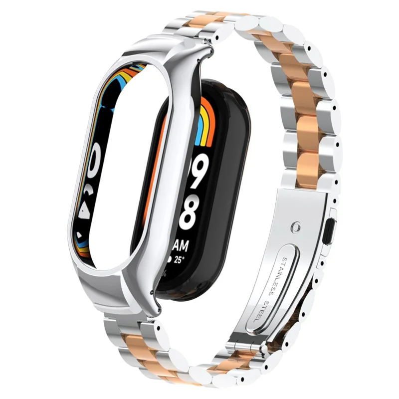 Для Xiaomi Smart Band 8 металлический ремешок для часов 3-шариковый ремешок с чехлом для часов - серебряный розовое золото
