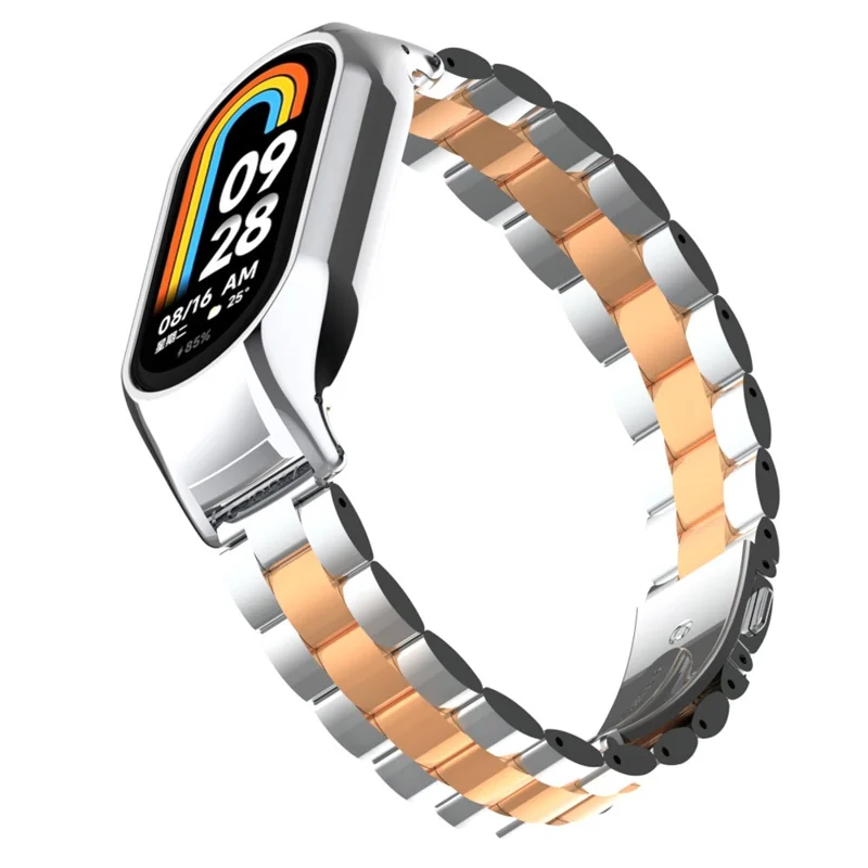 Для Xiaomi Smart Band 8 металлический ремешок для часов 3-шариковый ремешок с чехлом для часов - серебряный розовое золото