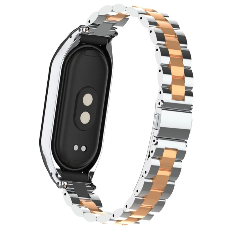 Для Xiaomi Smart Band 8 металлический ремешок для часов 3-шариковый ремешок с чехлом для часов - серебряный розовое золото