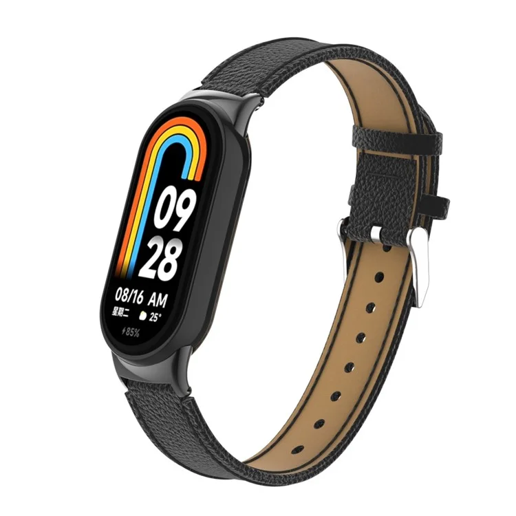 Für Xiaomi Mi Band 9 NFC / Mi Band 9 / Smart Band 8 NFC / Smart Band 8 Echtes Rindsleder Uhrenarmband mit Connector - Schwarz