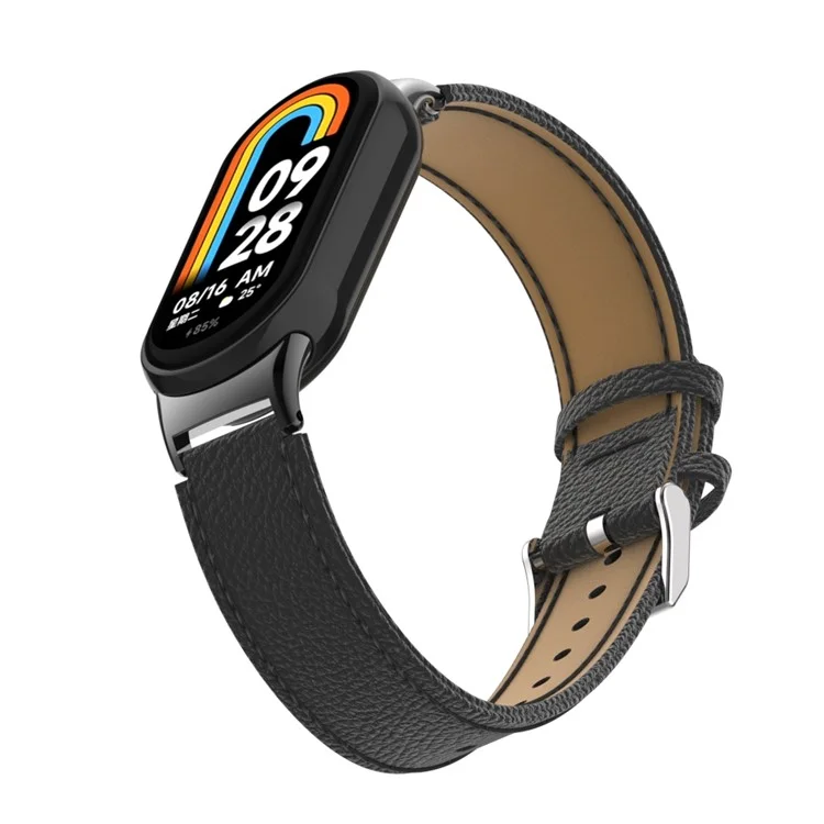 Für Xiaomi Mi Band 9 NFC / Mi Band 9 / Smart Band 8 NFC / Smart Band 8 Echtes Rindsleder Uhrenarmband mit Connector - Schwarz