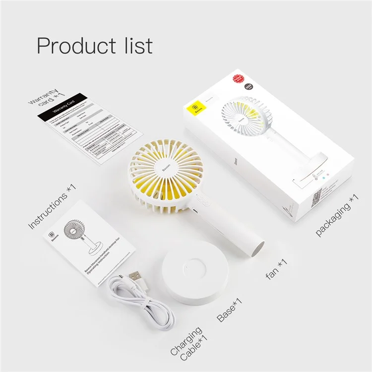 BASEUS Macarons Portable Handheld Desktop Cooling Fan USB Rechargeable with Base - White