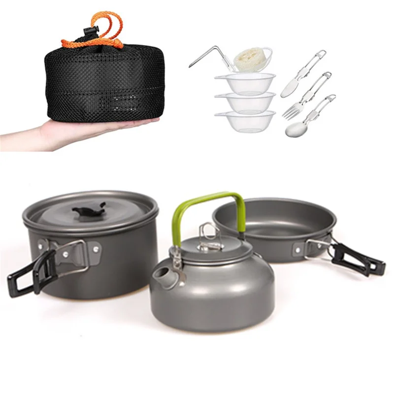 HALIN Outdoor Camping Picnic Pot + Pan + Teapot Cookware Set for 2-3 People