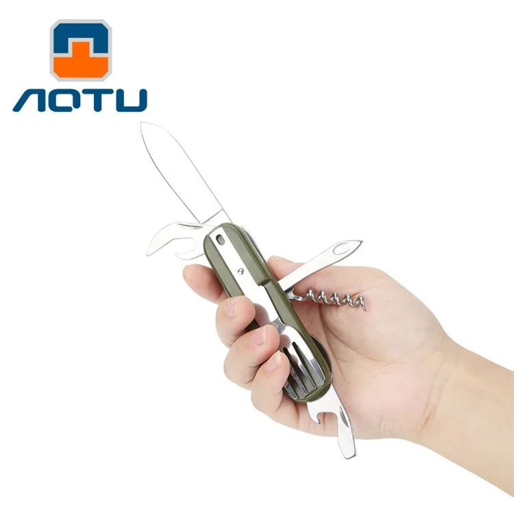 AOTU AT6364 Outdoor Folding Travel Camping Utensil Camping Fork Knife Spoon Set and Bottle Opener Multi-tool