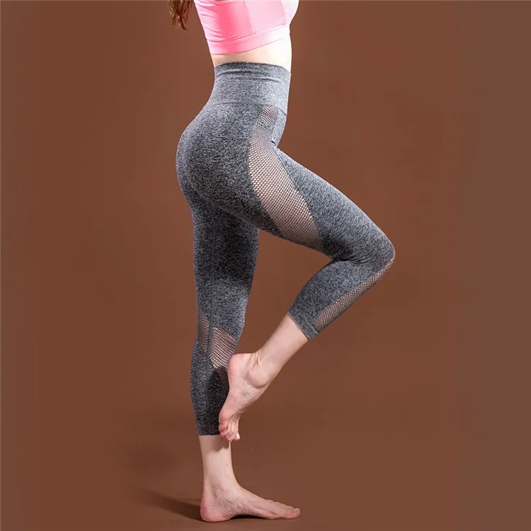Stitching Mesh and Nylon High Waist Stretchy Workout Trousers Women Fitness Sports Tights Pants - Grey / Size: S