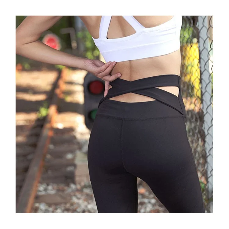 Women High Waist Yoga Fitness Sports Tights Pants Cross Back Stretchy Workout Trousers - Size: S
