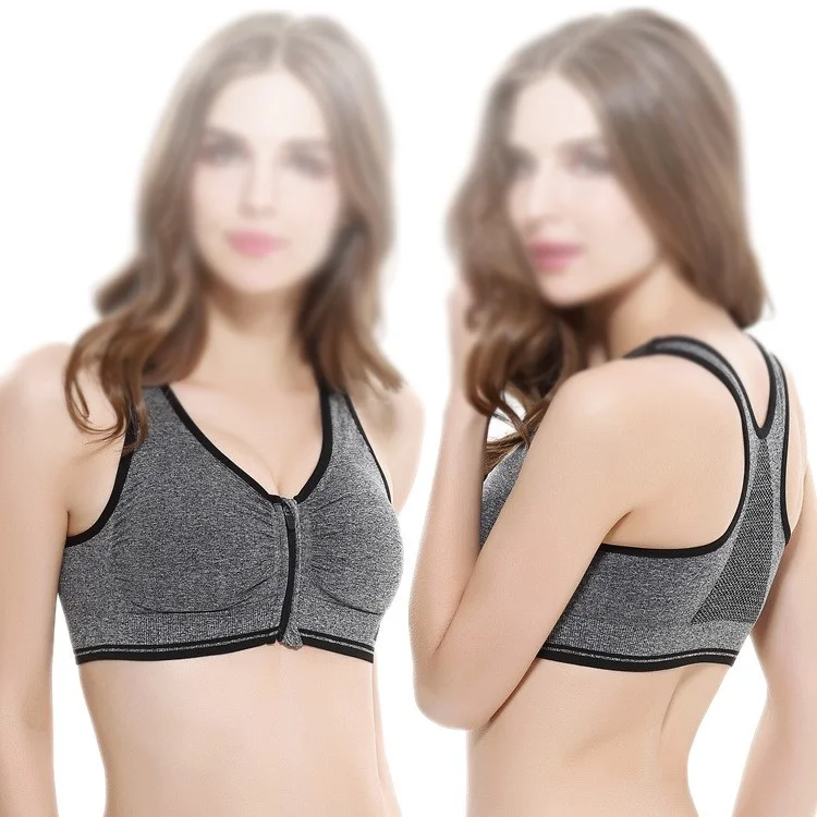 High Impact Women Padded Yoga Running Sport Bra Zip Front - Grey / L Size